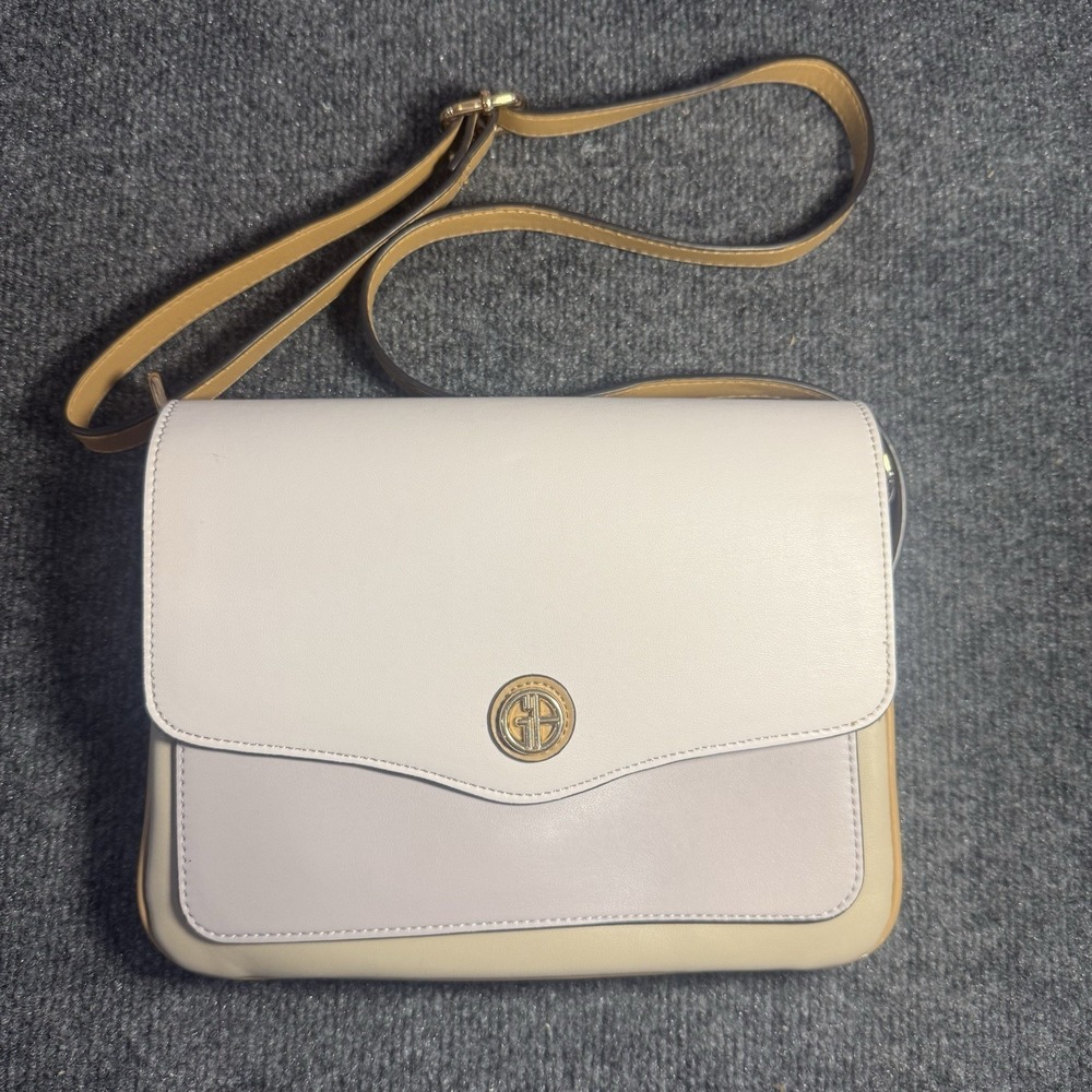 Giani Bernini Lavender White Tan Colorblock Crossbody Flap Bag Adjustable‎ Strap